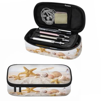 Starfish Seashells Pencil Case Sand Beach Summer Pencil Bag Pouch Box Organizer for College Student Teen Adults - color: Starfish Seashells