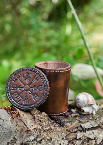 Ulfberth - Viking dice Cup with Embossed Motif - Genuine Leather - Medieval Leather Cup with Engraving (with lid, Vegvisir Embossing, Brown) - color: Vegvisir Brown