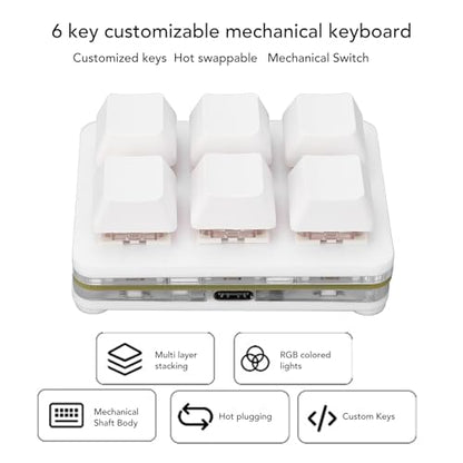 XUMIUZIY 6 Key Gaming Keyboard, USB Mini Keyboard Programmable Macro Keyboard, RGB Mechanical Keyboard 6 Keys One Handed USB PC Keypad for Game Office (White) - color: White