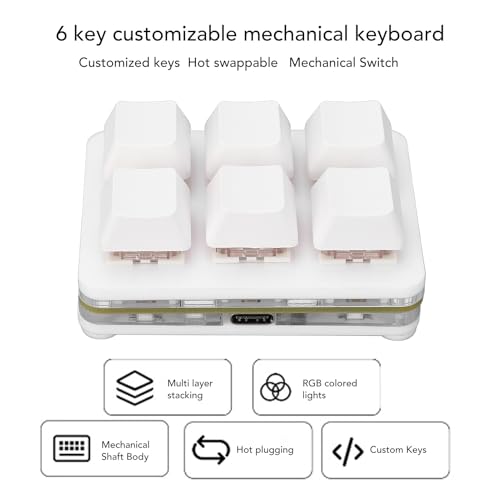 Fabater 6 Key Keypad, One Handed Mechanical Gaming Keyboard, Small USB Wired RGB Keypad DIY Programmable keypad for Game Office (White) - color: White