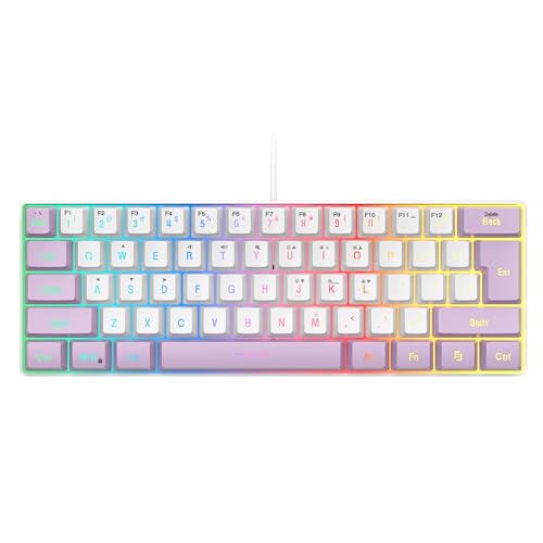 SAMA Gaming Keyboard 60 Percent, 61 Keys RGB Backlit Wired, Waterproof, Compact & Portable for PC/Mac Gamer, Travel & Business Trip - White Purple