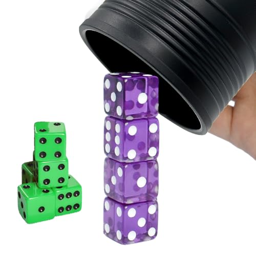 Graduation Gift Dice Stacking Cup Set with 4 Pcs 19mm Purple and 5 Pcs 18mm Green Standard 6 Sided Dices Straight Dice Cup with Storage Bag Dice Cup Shaker with Magic Tricks Instruction Black