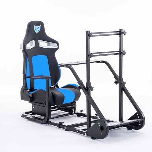 Runboll Racing Simulator Cockpit with Monitor Mount Fits for Logitech G923/G29/G920, Fanatec, Thrustmaster, and PXN, Adjustable Driving Simulators Without Handbrake, Pedals, Shift and Monitor - color: Blue/black, size: 18.9" D Seat