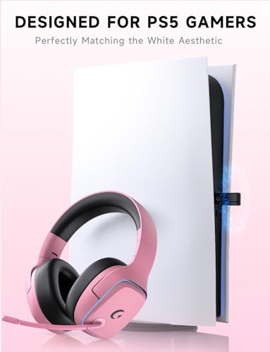 Gvyugke 2.4GHz Wireless Gaming Headsets for PS5, PS4, PC, Switch - Bluetooth 5.3 Gaming Headphones with Noise Canceling Mic, 7.1 Surround Sound, 70H Battery, Blue Lighting - Blush Pink - color: Blush Pink