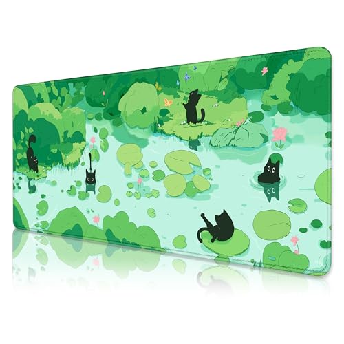 FLY SPRAY Gaming Mouse Pad for Computer,XXL Cute Cat Mousepad Laptop,Green Anime Mouse Mat,Extended Large Black Japanese Keyboard Pads,Non-Slip Mouse Pads for Game Office Home（31.5 x 11.9 in） - color: Black Green Cat