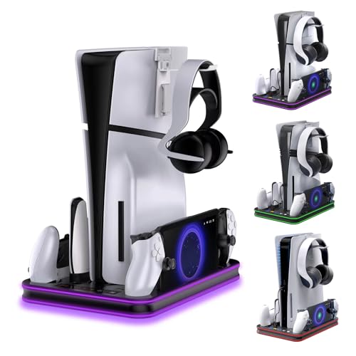 PlayStation Portal Charger, PS5 Stand and Cooling Station with RGB LED Controller Charging Dock Accessories, PS5 Edge Controller and PS Portal Charger, Headset and Remote Holders - color: Black