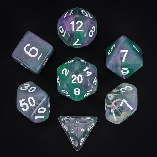 7-Die DND Dice Set Polyhedral Dice Set with a Leather Dice Bag, D&D Dice Set for RPG Table Games (Transparent Green Mix Purple) - color: Green Mix Purple