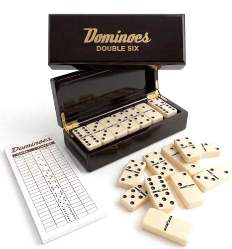 PRK 14 Double Six Dominoes Gift Set – 28 Tiles with Spinners in Premium Wooden Storage Box – Classic Domino Set for Adults with Score Pad – Family Night & Collector Edition