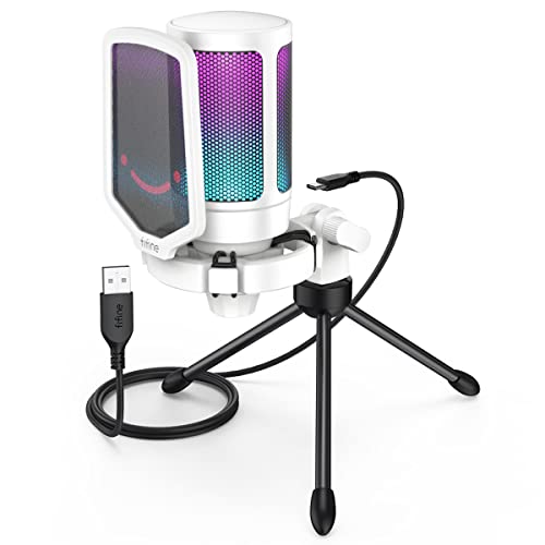 FIFINE AmpliGame A6VW Condenser USB Desktop Microphone for Gaming PC/PS5 | RGB Indicator, Gain Control, Quick Mute, Tripod Stand, Pop Filter, for Mac/Windows Streaming Discord Twitch Podcasts YouTube - color: White