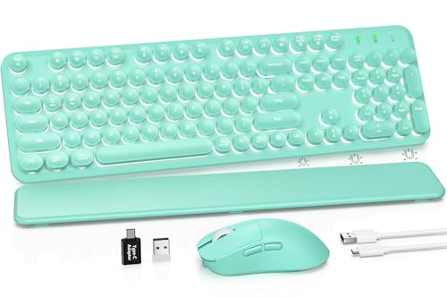 Wireless Keyboard and Mouse Combo, Backlit Round Keycaps, Retro Typewriter Keyboard with Detachable Wrist Rest, Rechargeable & Tilt Legs, 2.4GHz Cordless Connection for Windows/PC (Glowing Turquoise) | Rechargeable & Tilt Legs, Full-Size Typewriter-Style,
