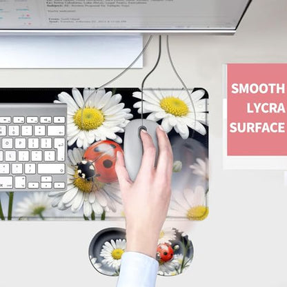 Mouse Pad,Large Desk Mat Set, 4in1 XL Mousepad + Keyboard Wrist Rest+Mouse Wrist Rest+Coaster with Ergonomic Desk Pad for Home Office Table Computer Cover -Ladybug on Daisy Flower - color: Ladybug on Daisy Flower