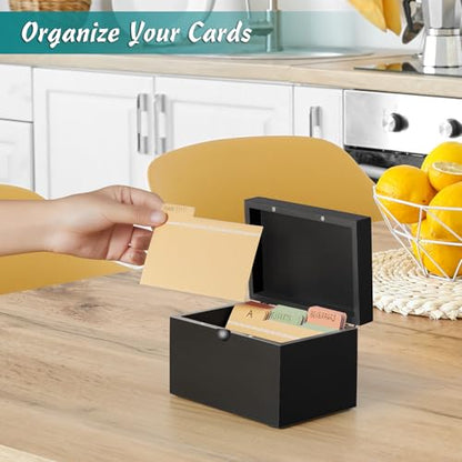 DRASTAR Index Card Holder 3x5, Wooden Index Card Organizer Box with 45 Index Card Dividers, Flashcard Notecard Holders for Home Office, Black - color: Black