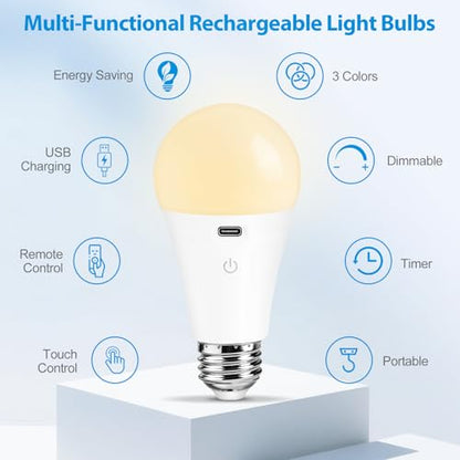 Rechargeable Light Bulbs with Remote Control, Dimmable Battery Operated Light Bulbs with 3 Color Temps and 4 Timer, A19 Wireless Light Bulbs for Sconce, Not-Hardwired, 1 Pack - color: 1 Pack