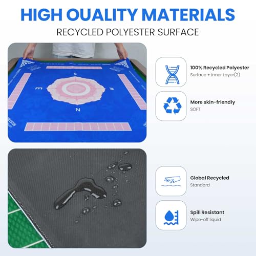 Mahjong Mat with Lotus - 32.4x32.4 Inch - Mahjong Mat for Table, Non-Slip Noise Reduction Mat, Portable Gaming Pad for Mahjong Poker Dominoes Cards & Board Games, for Asian-Themed Game Nights (Blue)
