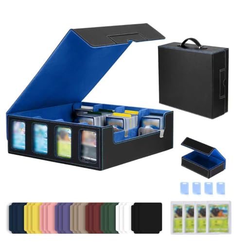 Trading Card Storage Box with Commander Display, 4-Row Deck Case with Removable Lid & Handle, 3000+ Card Organizer with 24 Colorful Dividers & 4 Stoppers for MTG, Black & Blue - color: Black & Blue, size: 3000+, with Handle
