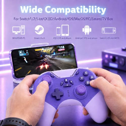 aghi Bluetooth Phone Controller with Hall Effect Joysticks and Phone Clip | Wireless Gamepad for iPhone/Android/TV/PC/Steam/Switch 1/2, with Lock Speed, Macro, 6-Axis Gyro, Vibration, Turbo, Purple - color: Purple