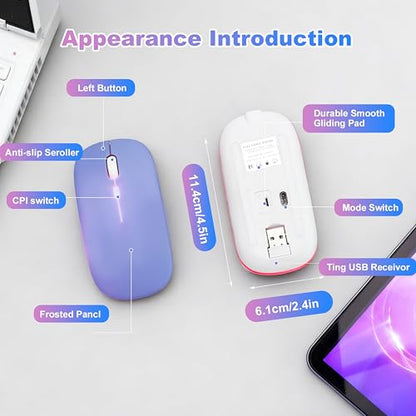 Wireless Bluetooth Mouse Rechargeable Long Lasting Dual Mode - BT 5.2 & 2.4G Silent RGB LED Mice, Slim Portable Ergonomic Mouse for Laptop/PC/Tablet/MacBook/iPad/Apple Devices(Purple) - color: Purple
