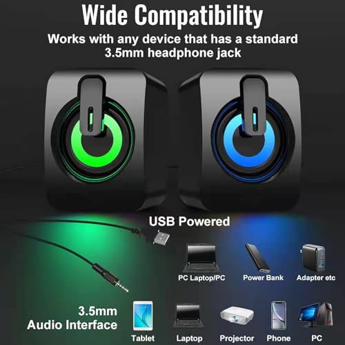 1 Pair USB-Powered Computer Speakers with Colorful LED Lights, Compact Stereo Design for Desktop, Laptop, Gaming, Office & Travel - color: Black