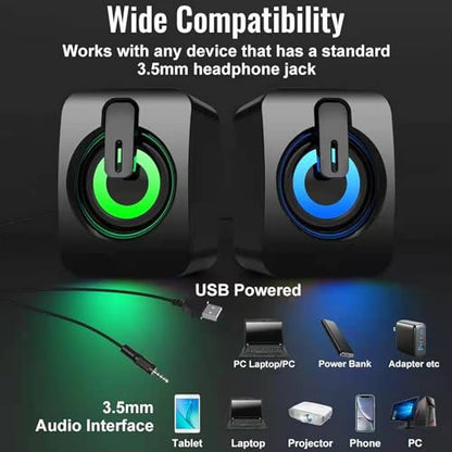 1 Pair USB-Powered Computer Speakers with Colorful LED Lights, Compact Stereo Design for Desktop, Laptop, Gaming, Office & Travel - color: Black