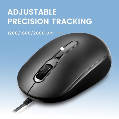 Perixx PERIMICE-222UB Wired USB Optical Mouse, Long 5.9 Ft Cable, Adjustable DPI 1200/1600/2000, Silent Clicks, Ergonomic Design, Black - style: USB Type-A