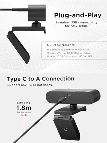 Lenovo Performance FHD 1080p Webcam USB-C,Log-on with Windows Hello, Dual Microphones, 95 Degree Lens and 4X Digital Zoom, Sliding Privacy Shutter, Black