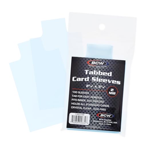 BCW Tabbed Card Sleeves (100 Pack) – Grading Sleeves for PSA, BGS, SGC, CSG, & HGA, Pull Tab for Standard Cards | Fits Toploaders & Semi Rigid Holders | Acid-Free, Archival Safe - style: 100 Pack