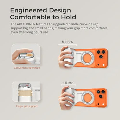 Upgraded Mag-Safe Magnetic Camera Handle Grip with Extended Magnetic Phone Mount with Carabiner & Thumb Rest, Detachable Rechargeable Shutter Remote Compatible with iPhone Pro Max for Video Calls/TK - color: White, size: ARCO Biner