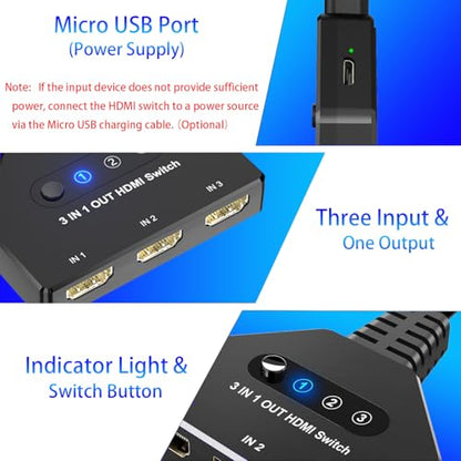 HDMI Switch 3 in 1 Out, 4K@30hz HDMI Splitter, 3 Ports HDMI Switcher Supports Full HD 1080P 3D Compatible with Roku Fire TV Stick HDTV PS4/PS5 Xbox One Chromecast, Compatible with Mac/Win/Linux