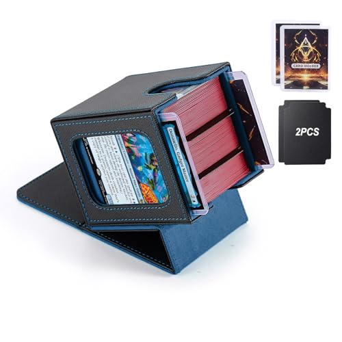 MTG Deck Box, Double Display Window MTG, Commander Deck Box Fits 120+ Single Sleeved Cards, PU Leather Magnetic Closure Card Box with 2 Dividers&2 Toploaders for TCG, CCG, Black/Blue - color: Black/Blue, size: 1 pack