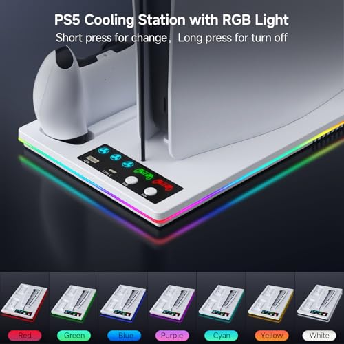PS5/Slim/Pro Stand and Cooling Station with LED Controller Charging Station for PlayStation 5 Console,Accessories Incl.Controller Charger, PS5 Cooling Fan,USB Hub - color: Line RGB-White