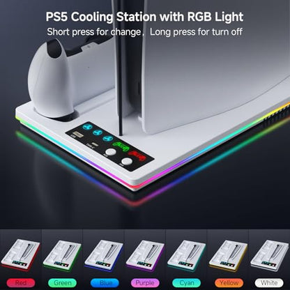 PS5/Slim/Pro Stand and Cooling Station with LED Controller Charging Station for PlayStation 5 Console,Accessories Incl.Controller Charger, PS5 Cooling Fan,USB Hub - color: Line RGB-White