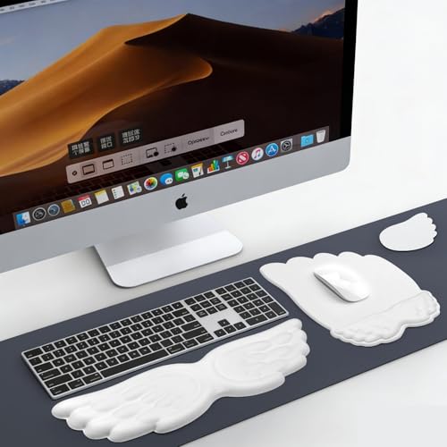 Angel Wing Wrist Rest Set, Ergonomic Keyboard Mouse Wrist Support Memory Foam Cushion Hand Support，Cute Wrist Rest Pu Leather Surface Non-Slip Base for Office, Gaming, Work(3Pcs, White)