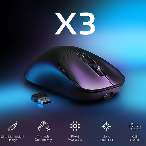 ATTACK SHARK X3 Wireless Gaming Mouse, 49g Ergonomic Computer Mouse, Triple Modes PAW3395 26K DPI Optical Sensor, 200h Battery Life, Programmable Buttons, Gaming Accessories for PC/Laptop/Mac (Black) - color: Black