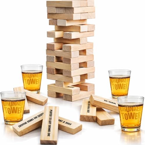 Gamie Tumbling Tower Drinking Games for Adults, with 4 Glasses and 48 Wooden Blocks with Challenges, Fun House Adult Party Games for Game Night, Great Gift Idea for Everyone