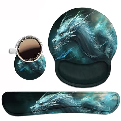 Keyboard Wrist Rest and Mouse Pad Wrist Support Set with Coasters, Ergonomic Gaming Mousepad Non-Slip PU Base for Home Office Working Studying Easy Typing & Pain Relief - Dragon - color: Dragon