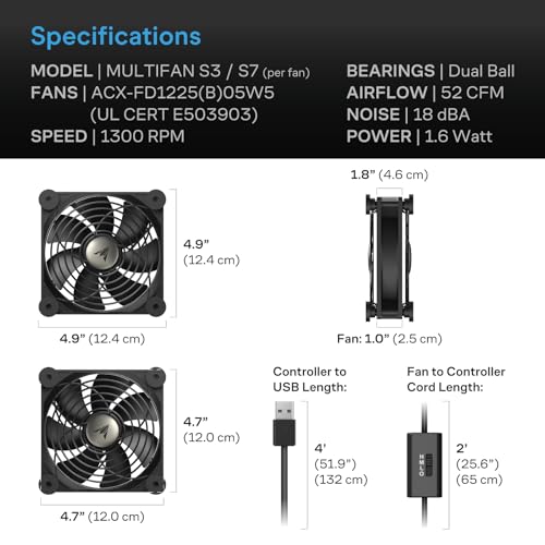 AC Infinity MULTIFAN S7, Quiet Dual 120mm USB Fan, UL-Certified for Receiver DVR PlayStation Xbox Computer Cabinet Cooling - size: S7