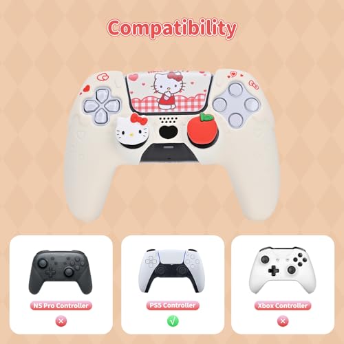Kuitmor Silicone PS5 Controller Cover Skin Set, Anti-Slip Soft Protective Case for PS5 Wireless Controller with 2 Thumb Grip Caps and 1 Sticker (Beige Hello Kitty) - color: Beige Hello Kitty