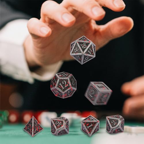 Metal Dice Set, 7pcs Polyhedral Metal DND Dice Set, DND Starter Set, D&D Gifts with Gift Box, Role Playing Board Games Accessories, Bloodstained Silver - color: Bloodstained Silver + Gift Box