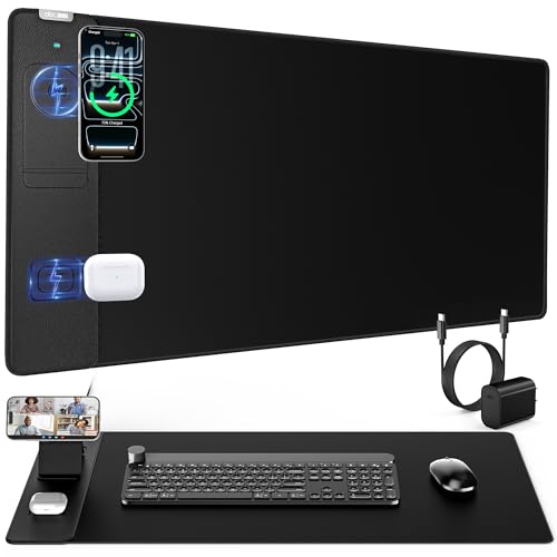 Wireless Charging Mouse Pad with Magnetic Phone Stand, 31.5"x15.8" Large | Waterproof Mousepad Desk Mat, Smooth Glide, Stitched Edge, Non-Slip Rubber Base, Computer Keyboard Mat, with Adapter - color: Black-Mag Stand-Adatper