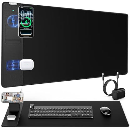 Wireless Charging Mouse Pad with Magnetic Phone Stand, 31.5"x15.8" Large | Waterproof Mousepad Desk Mat, Smooth Glide, Stitched Edge, Non-Slip Rubber Base, Computer Keyboard Mat, with Adapter - color: Black-Mag Stand-Adatper