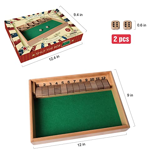 GOTHINK Shut The Box - Table Math Game with 12 Inch Wooden Board for Adults & Kids - 12 Spots Dice Game with 2+ Player Games, Includes 2 Dice, Ideal for Game Night, Travel, Classroom - (Ages 6+) - color: Brown - 12 Spots