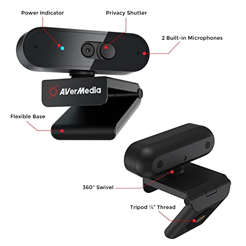 AVerMedia PW310P Webcam, Webcam Cover, 1080p/30fps Videochat and Recording, Plug and Play, Microphones, Stream, Autofocus, Works with Skype, Zoom, Team - Black - style: 1080p30fps auto focus