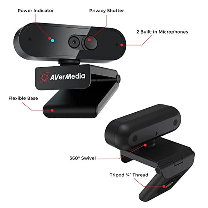 AVerMedia PW310P Webcam, Webcam Cover, 1080p/30fps Videochat and Recording, Plug and Play, Microphones, Stream, Autofocus, Works with Skype, Zoom, Team - Black - style: 1080p30fps auto focus