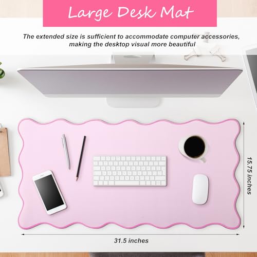Hahafelt Scalloped Desk Mat Large Desk Pad Cute Coquette Table Mat Back to School Preppy Table Make up Pad Nonslip Graduation Gift with Stitching Waterproof Gaming(Pink,31.5 x 15.8 Inches) - color: Pink, size: 31.5 x 15.8 Inches