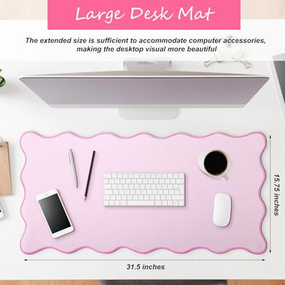 Hahafelt Scalloped Desk Mat Large Desk Pad Cute Coquette Table Mat Back to School Preppy Table Make up Pad Nonslip Graduation Gift with Stitching Waterproof Gaming(Pink,31.5 x 15.8 Inches) - color: Pink, size: 31.5 x 15.8 Inches