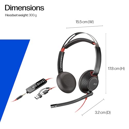 Poly Blackwire 5220 Wired Headset - Flexible Boom Mic - Noise Cancelling Headphones with Mic - USB-C, USB-A, 3.5mm - Ergonomic Over-Ear Design - Works with Microsoft Teams, Zoom - Work from Home - style: 2024 Version (USB-C & USB-A)