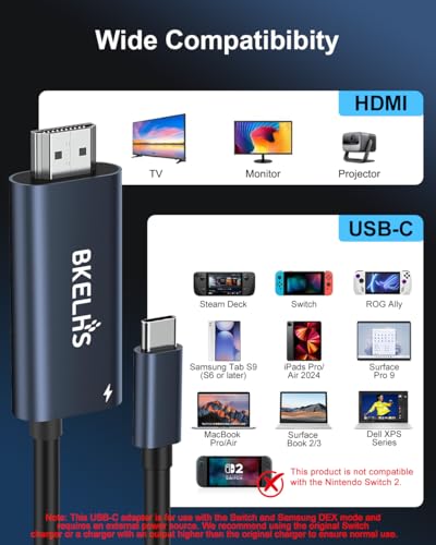USB C to HDMI Cable 2 in 1 Steam Deck Adapter 4K 60Hz HDMI 100W Charging Port, Monitor TV Connector Cable USB C Dock for Steam Deck OLED/ROG Xbox Ally/iPad/Samsung Galaxy Dex/Tablet/iPhone 17 6.6TF/2M