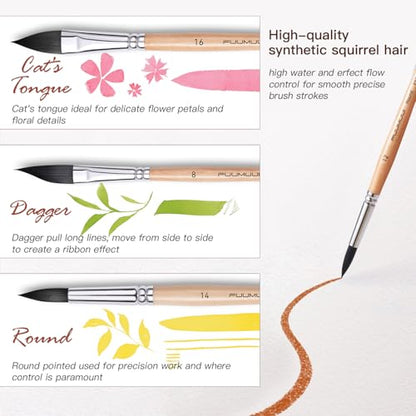 Watercolor Brush Set, Fuumuui 10pcs Professional Synthetic Squirrel Paint Brushes for Artists - Flat, Round Pointed, Dagger, Cats Tongue Oval Wash - color: Wooden