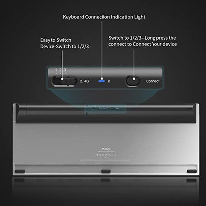 RAPOO 무선 키보드 및 레이저 마우스 콤보, 멀티 장치 (블루투스 4.0+3.0+2.4G) 키보드 및 마우스 세트, 윈도우/안드로이드/맥 OS용 울트라 슬림 컴퓨터 키보드 컴팩트 디자인