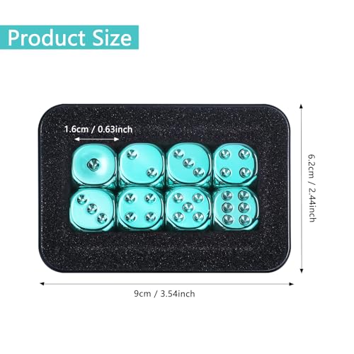SIXPOINTS 8 Pieces 16mm 6 Sided Dice Set,Green Metal Game Dice Set, Standard D6 Dices for Yahtzee, Bunco or Teaching Math,with Portable Plastic Box - color: Green